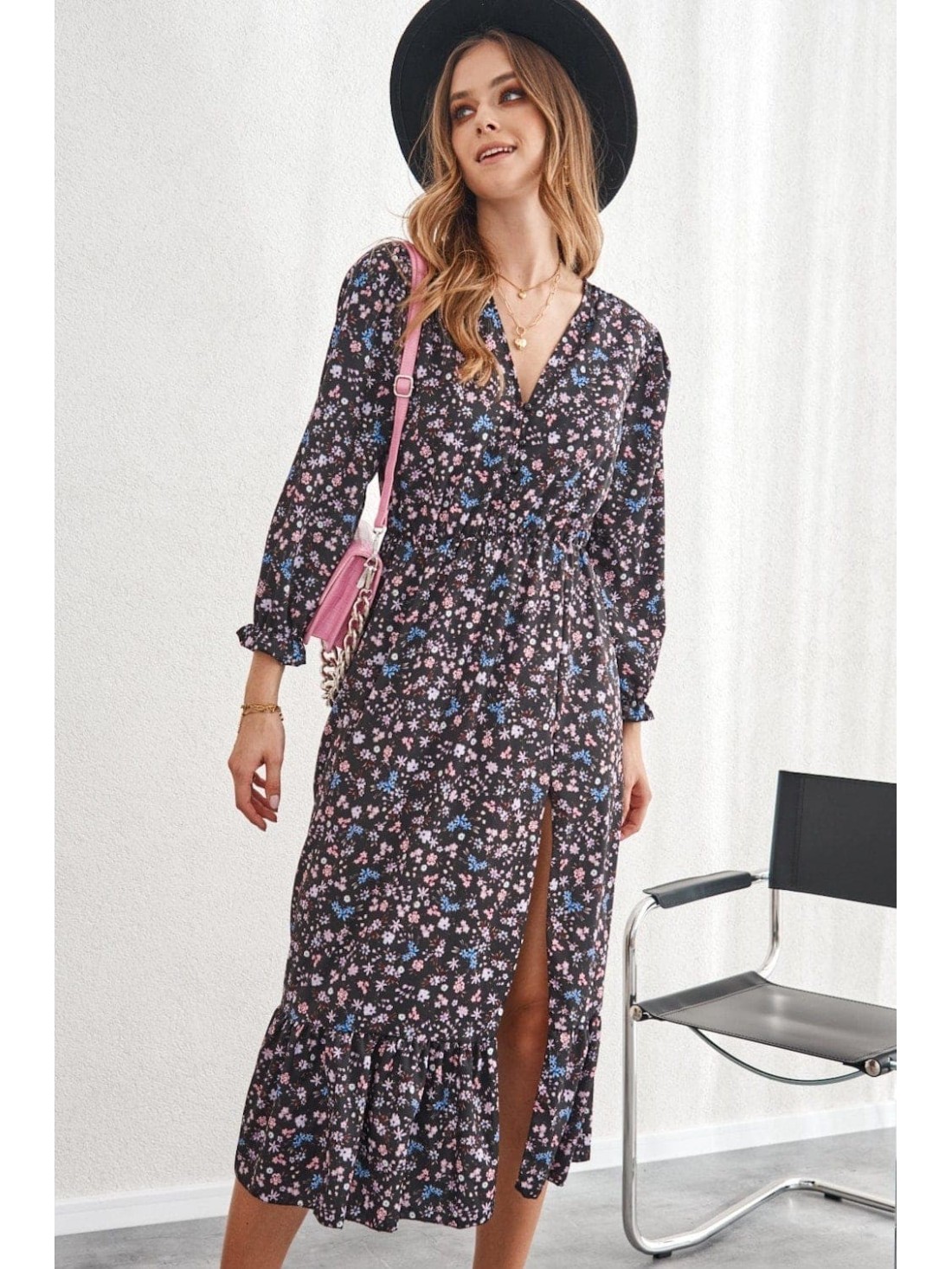 Light floral dress with a slit, black and purple 04500 - Online store - Boutique